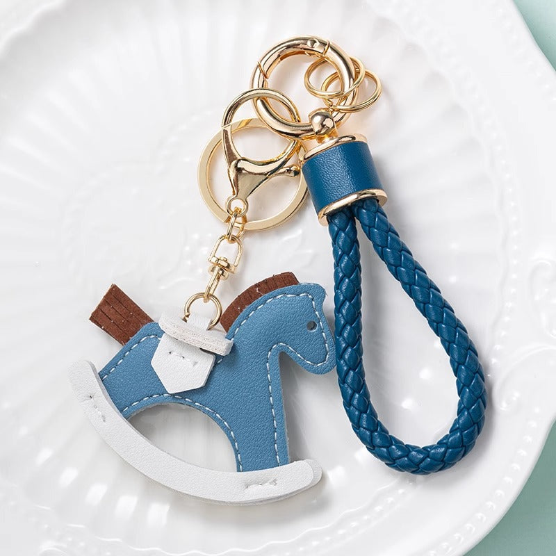 Blue Rocking Horse with Leather Strap Charm Pendant  Wholesale Keychain