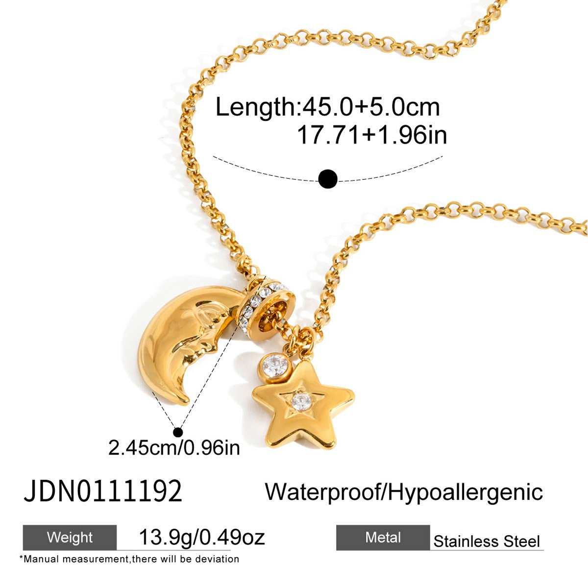 Stainless steel star moon pendant necklace with crescent moon face charm and crystal star pendant size view