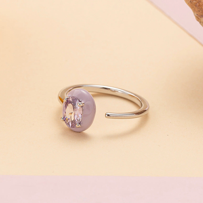 Modern fashion ring with oval cut zircon stone and soft lavender enamel accent
