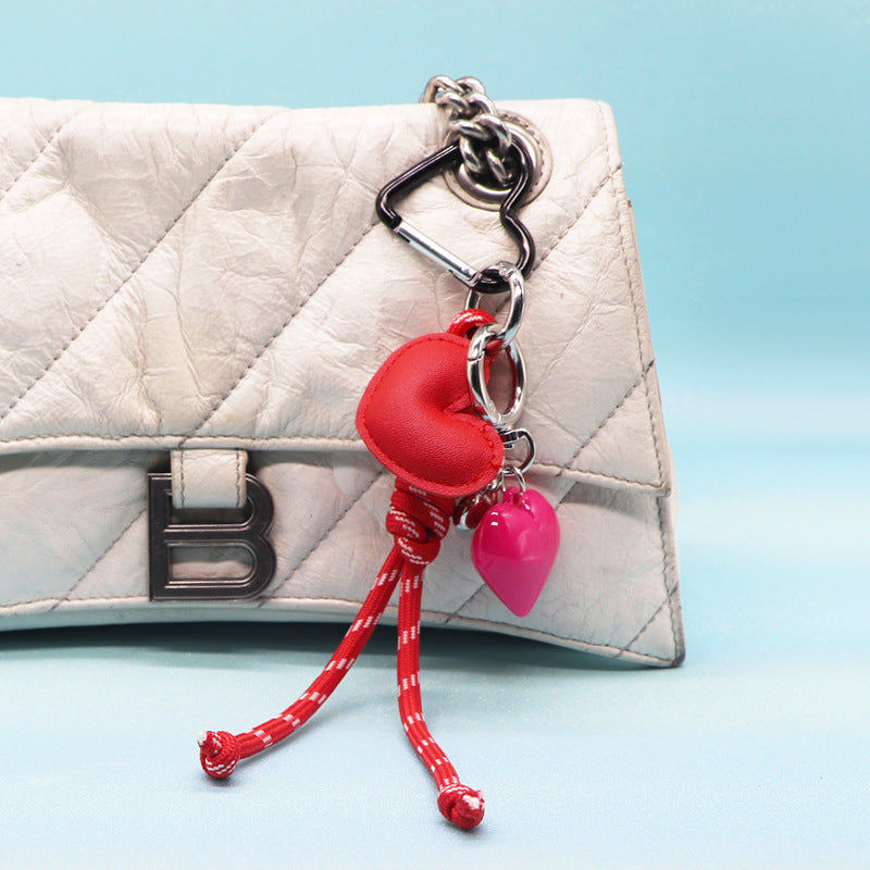 Red star and heart PU leather keychain with rope strap and charm bulk wholesale