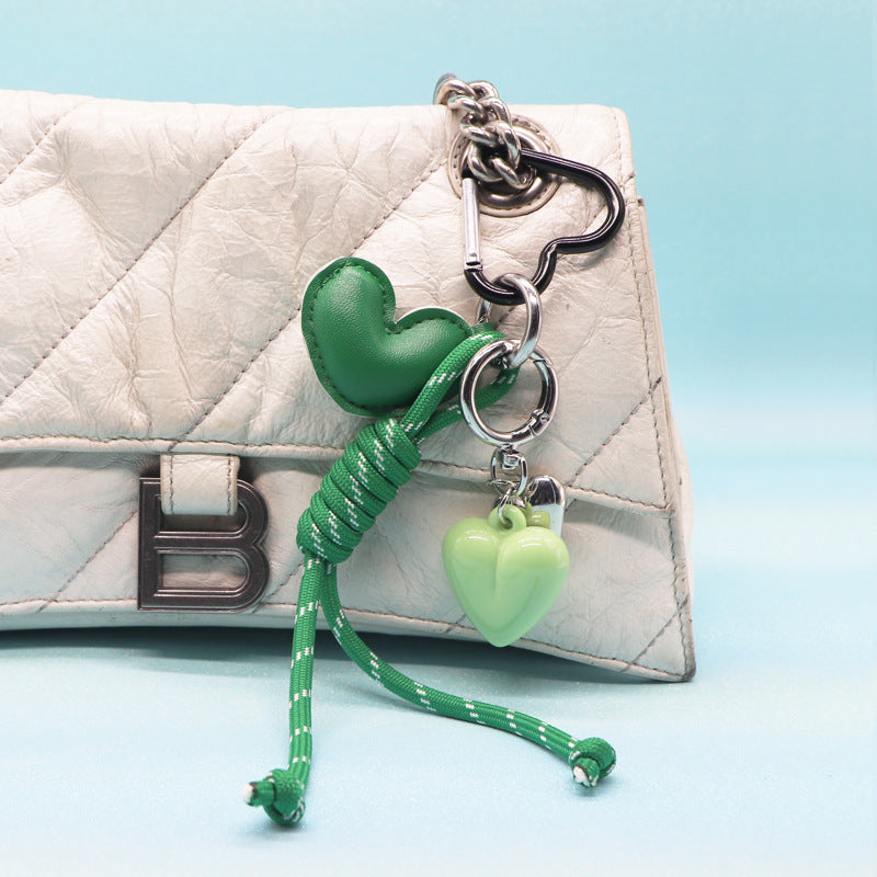 Green PU leather heart keychain with green rope and light green heart charm bulk