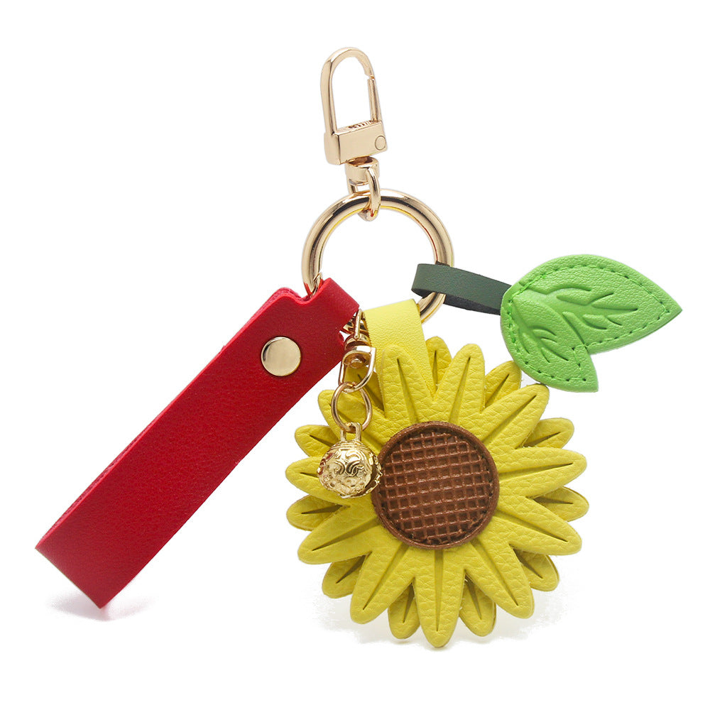 Sunflower Keychain with Red Strap and Golden Bell - PU Leather Bag Charm