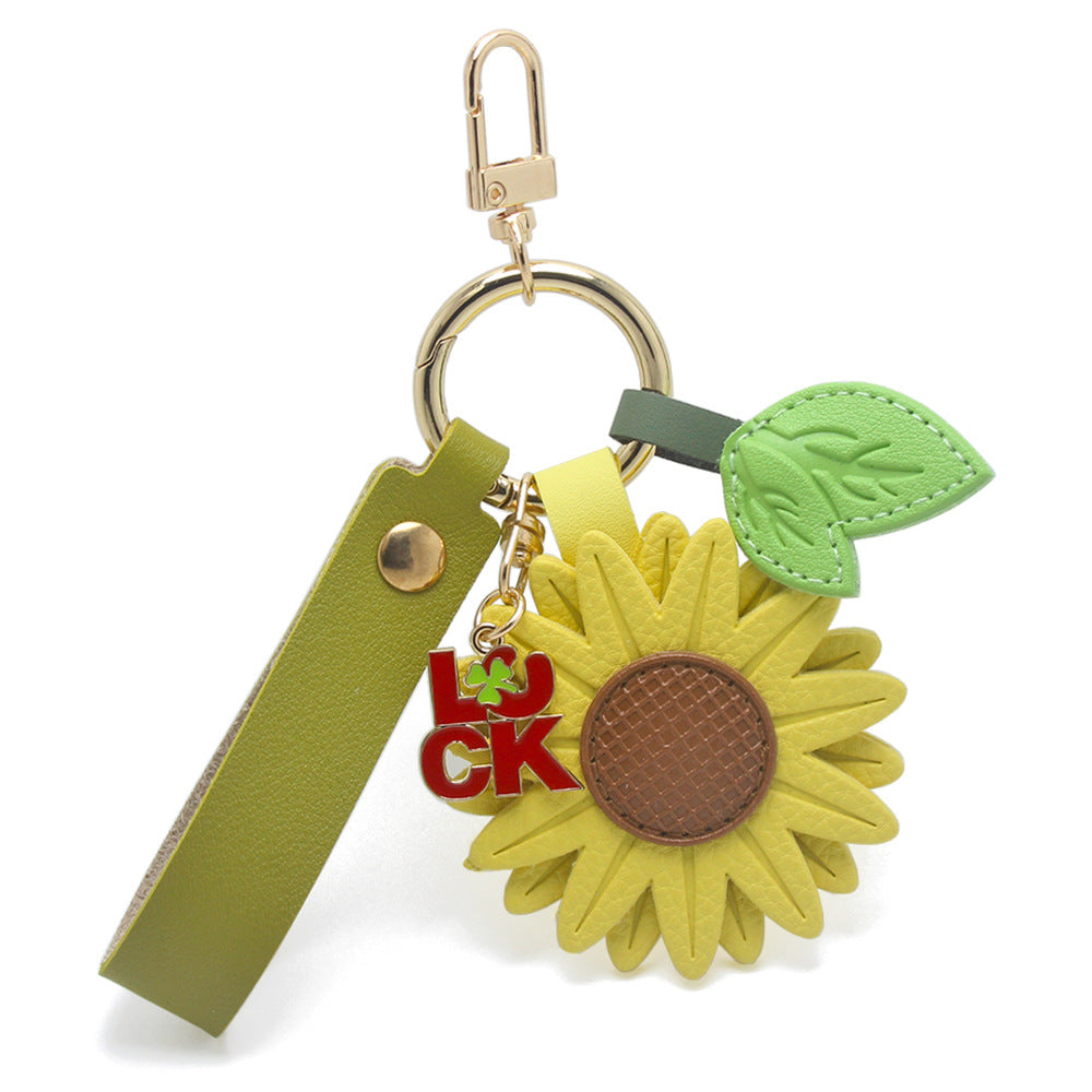 Lucky Sunflower Keychain with PU Leather Strap and Clover Charm for Exam Success