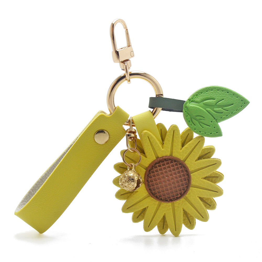 Sunflower PU Leather Keychain with Gold Bell and Leaf Charm - Yellow Wristlet Style