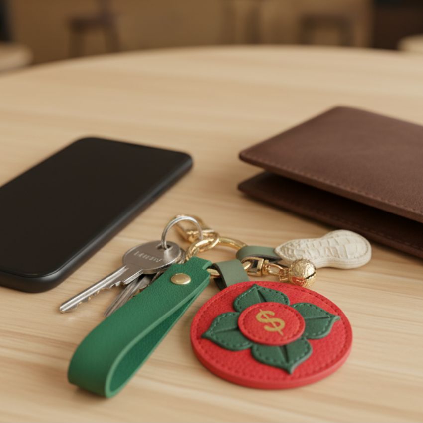 Lifestyle image of red PU leather persimmon keychain with wallet, smartphone, and keys on wooden table