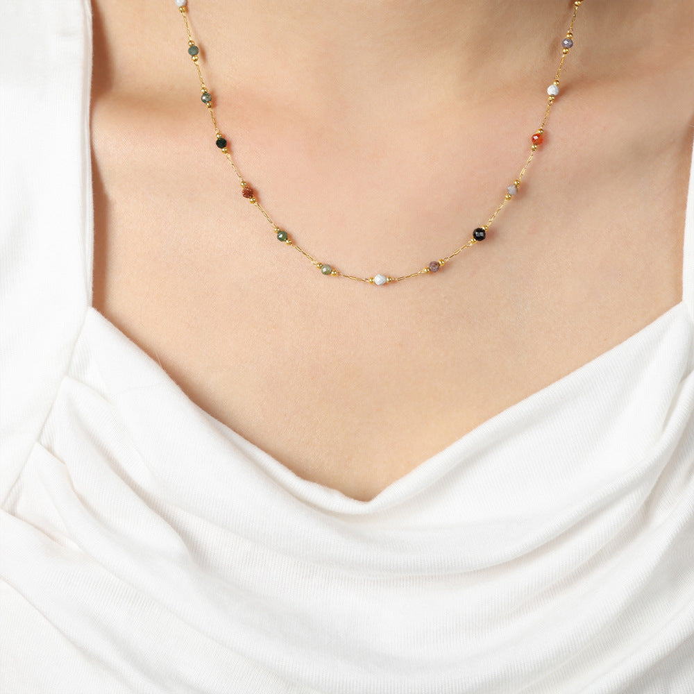 minimalist jewelry set stainless steel natural stone beaded necklace on model
