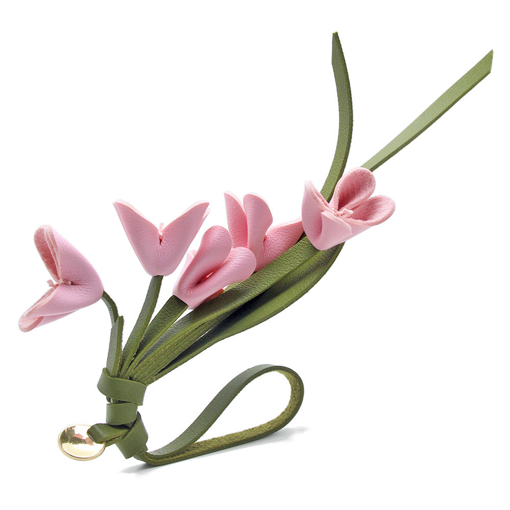 Light pink orchid keychain wholesale PU leather flower bag charm bulk buy