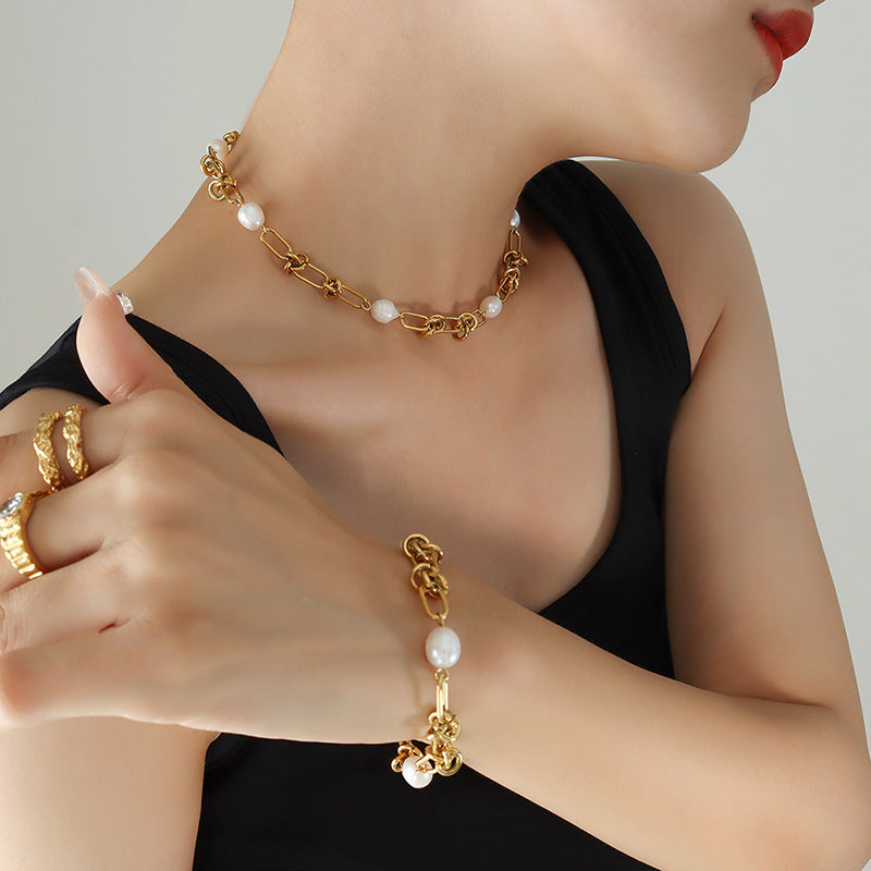 Pearl Necklace Set for Women Stainless Steel Necklace Bracelet Wholesale