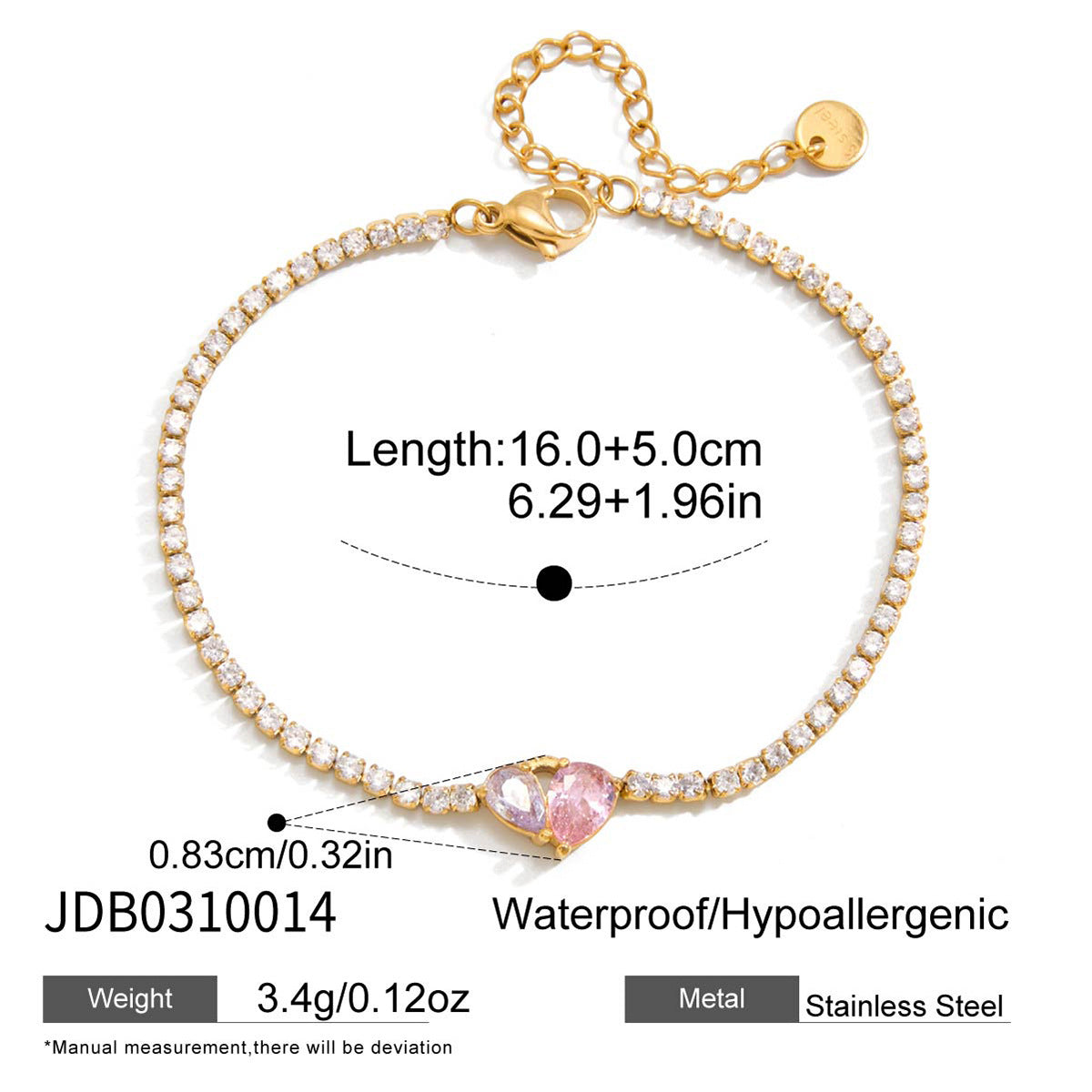Gold stainless steel tennis bracelet with pink heart zircon size details