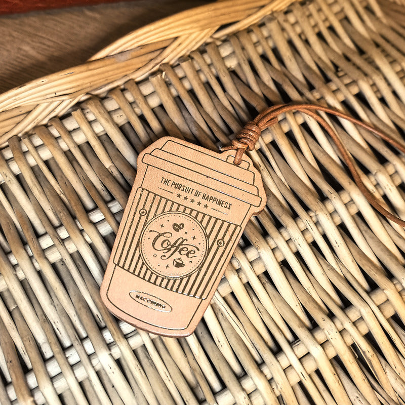 PU leather coffee cup bag charm wholesale keychain accessories displayed on wicker basket for Chinese style gift and Christmas gift for friends