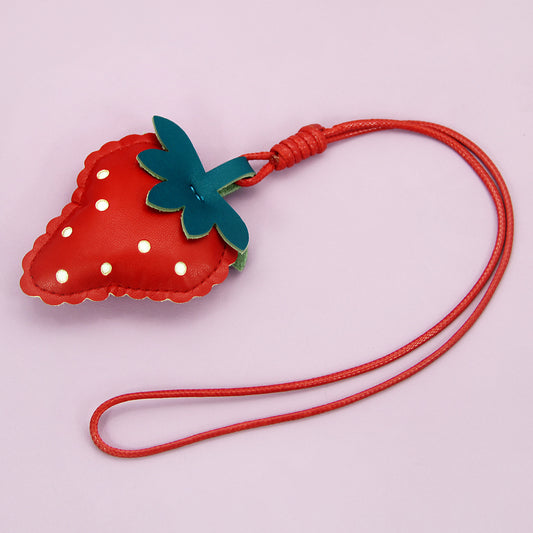 red strawberry PU leather keychain purse charm car key ring for her