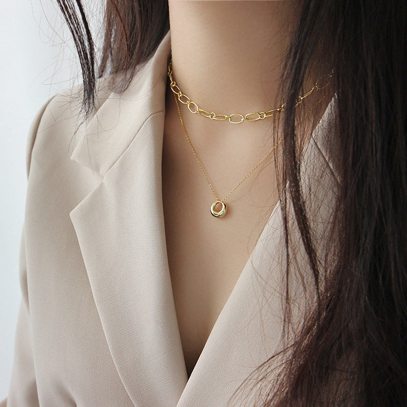 Korean style 18K gold geometric circle necklace layered with choker, great for fashion wholesale.