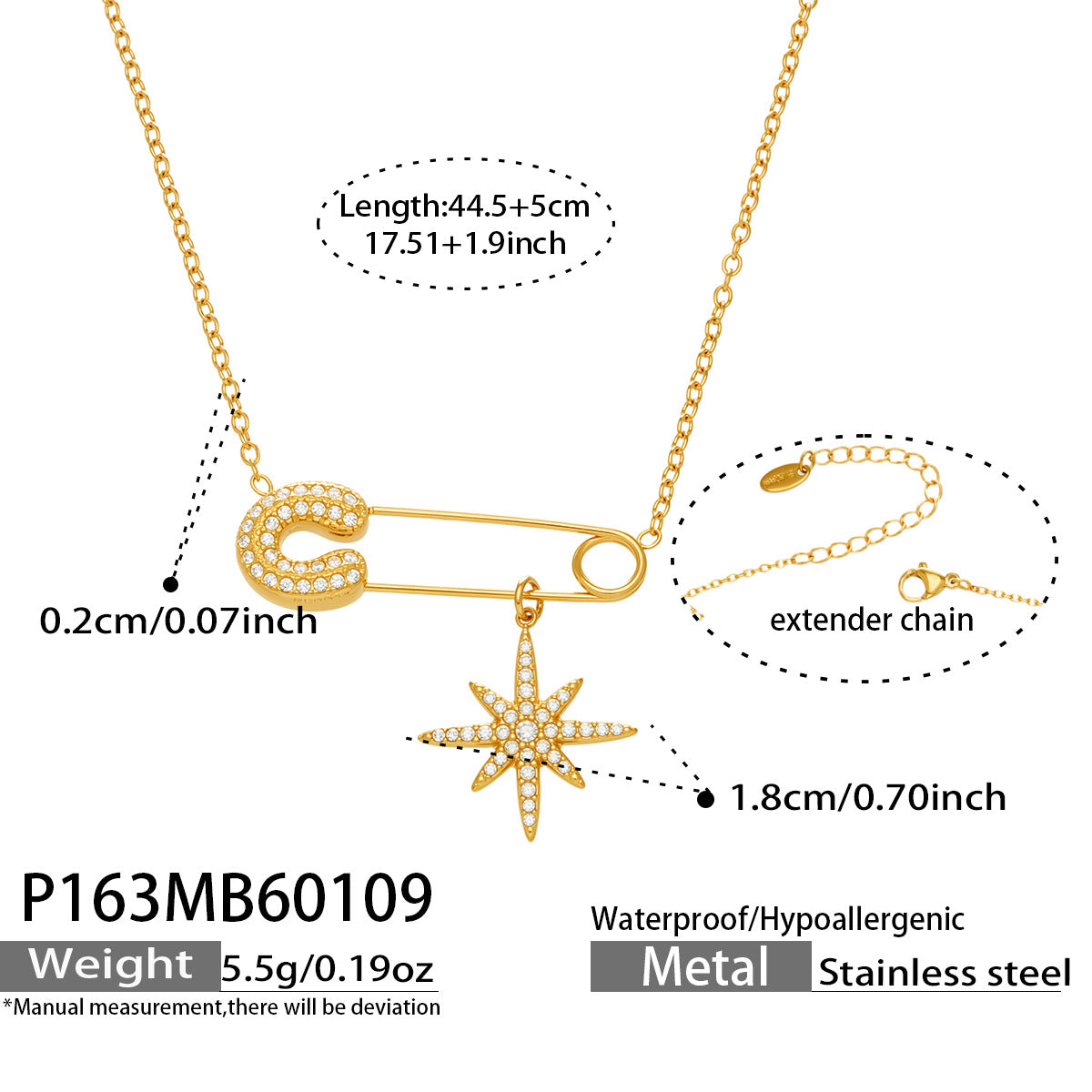 gold stainless steel safety pin star necklace size detail