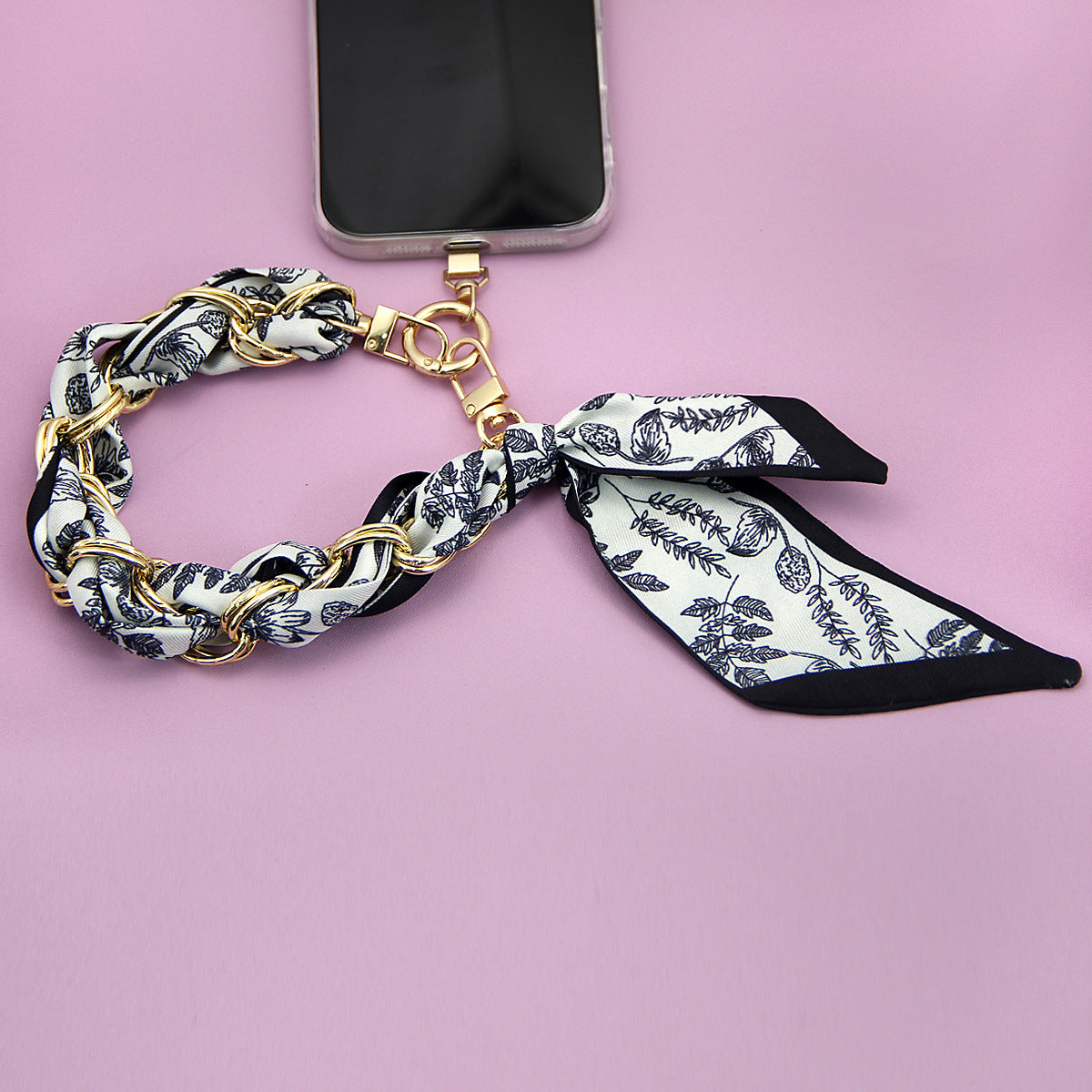 Silk scarf braided phone strap with floral print wrist chain bag charm wholesale
