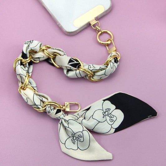 Black and white floral silk scarf braided phone wrist strap lanyard bag chain wholesale