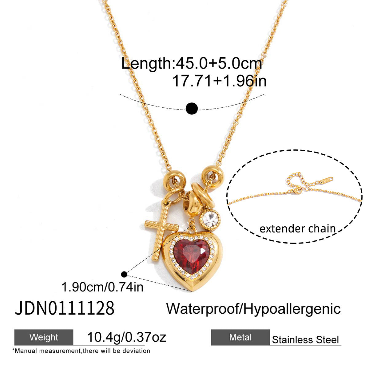 Gold stainless steel necklace with red heart crystal pendant and cross charm
