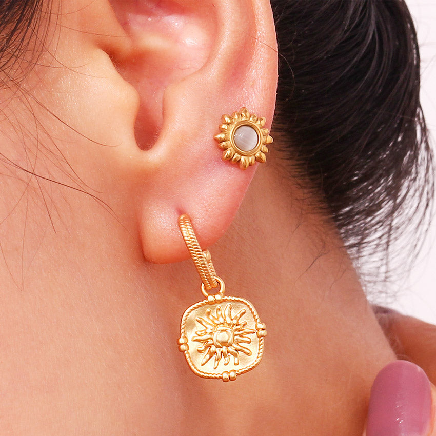 waterproof stainless steel gold sun dangle earrings