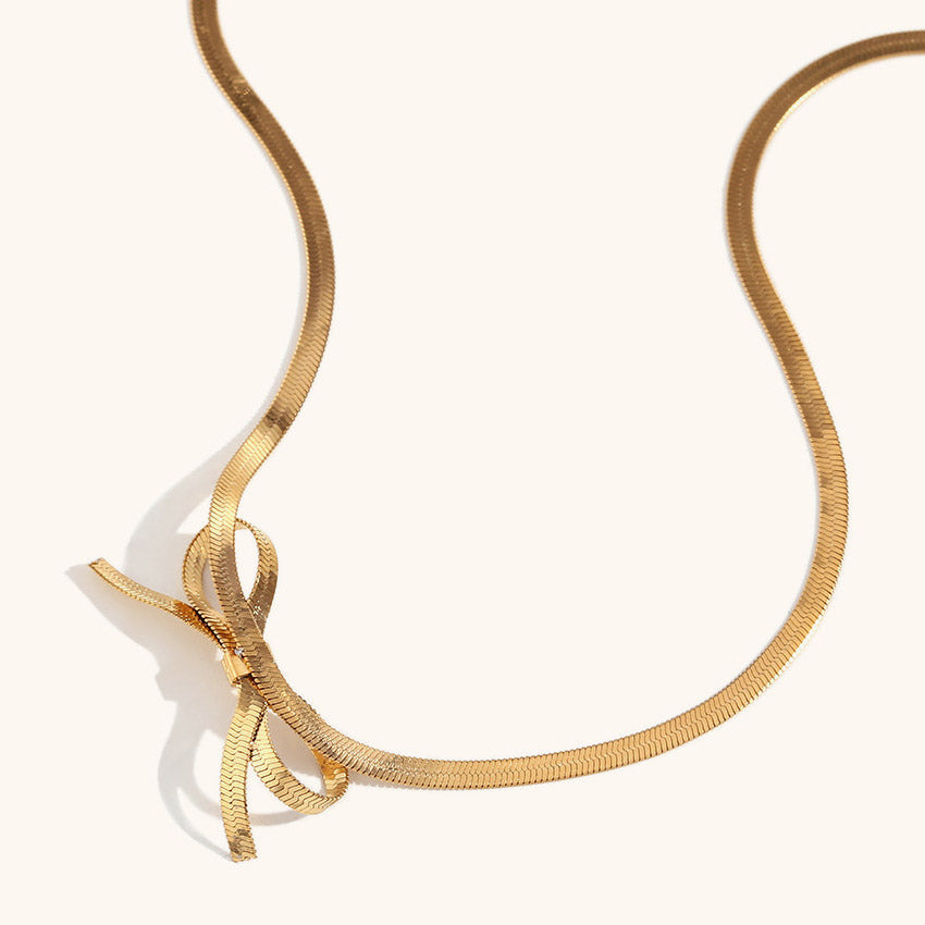 gold flat snake chain stainless steel choker bow necklace