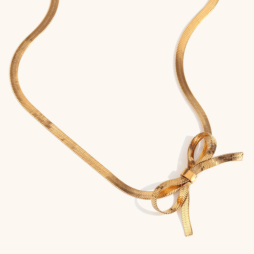 flat snake chain dainty stainless steel choker bow necklace