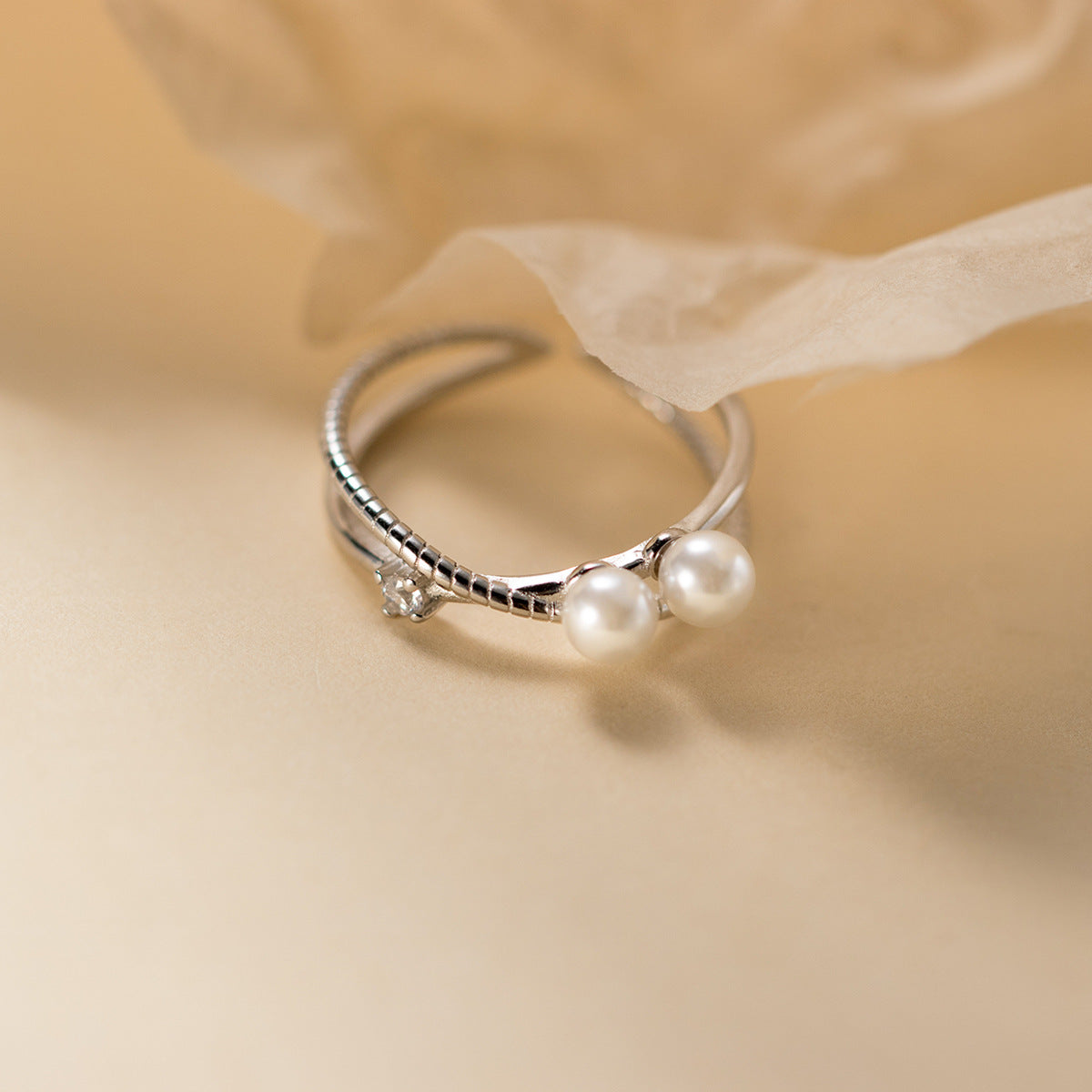 925 Sterling Silver Zircon-Studded Crossover Pearl Open Ring Set of 5