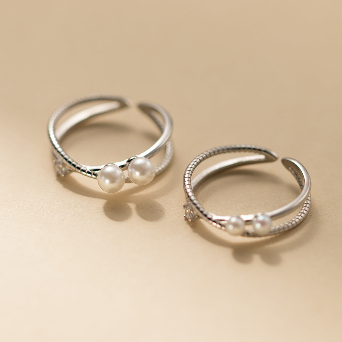 925 Sterling Silver Zircon-Studded Crossover Pearl Open Ring Set of 5