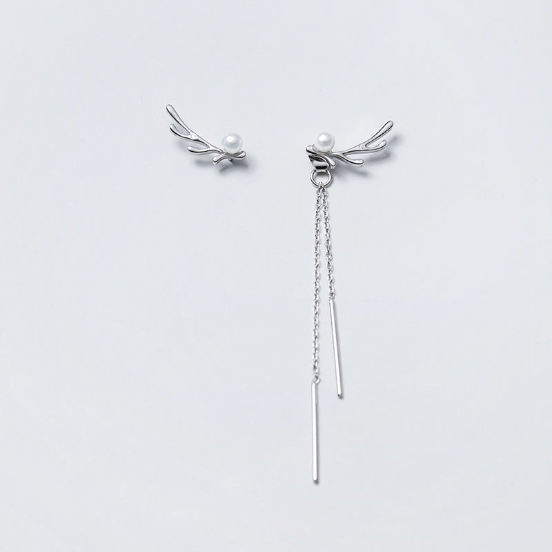 925 Sterling Silver Asymmetrical Antler Pearl Drop Back Earrings (5 Pairs)
