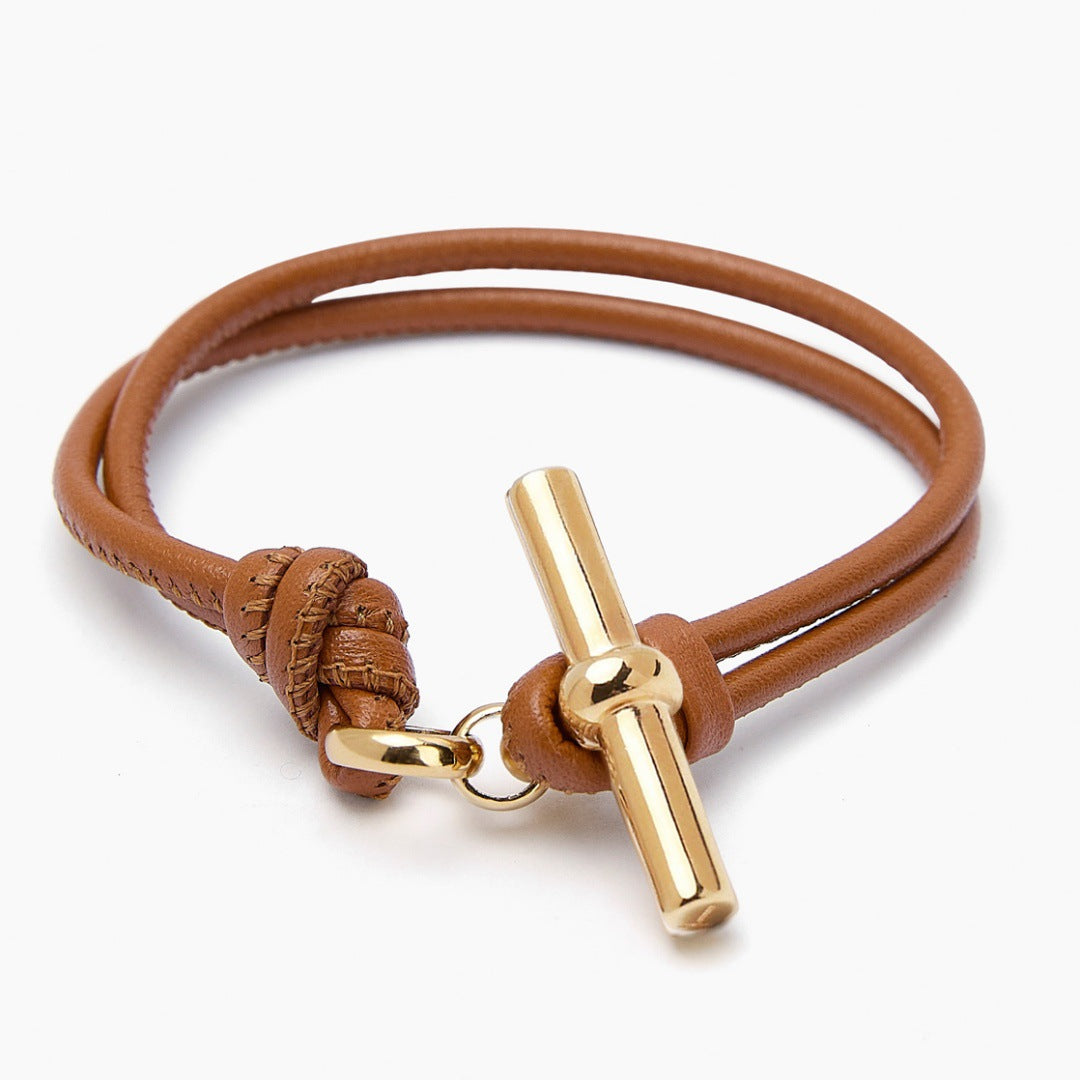 Brown cord T bar bracelet minimal toggle closure gold tone hardware