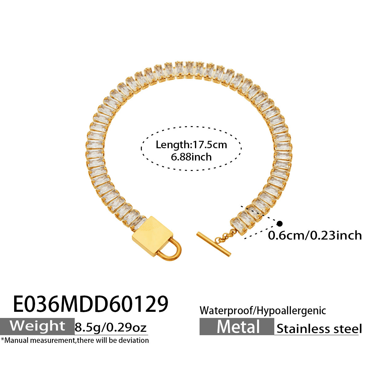 Gold plated tennis zircon bracelet on wrist display with toggle clasp detail