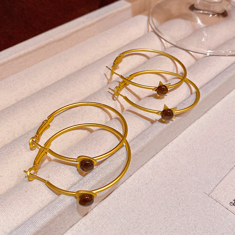 gold star hoop earrings tiger eye round hoop women fashion jewelry Black May