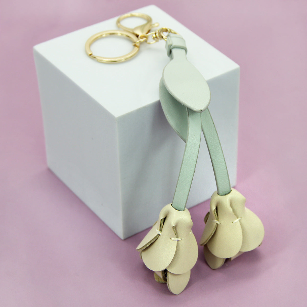 soft beige tulip PU leather flower keychain bag charm for women gift set