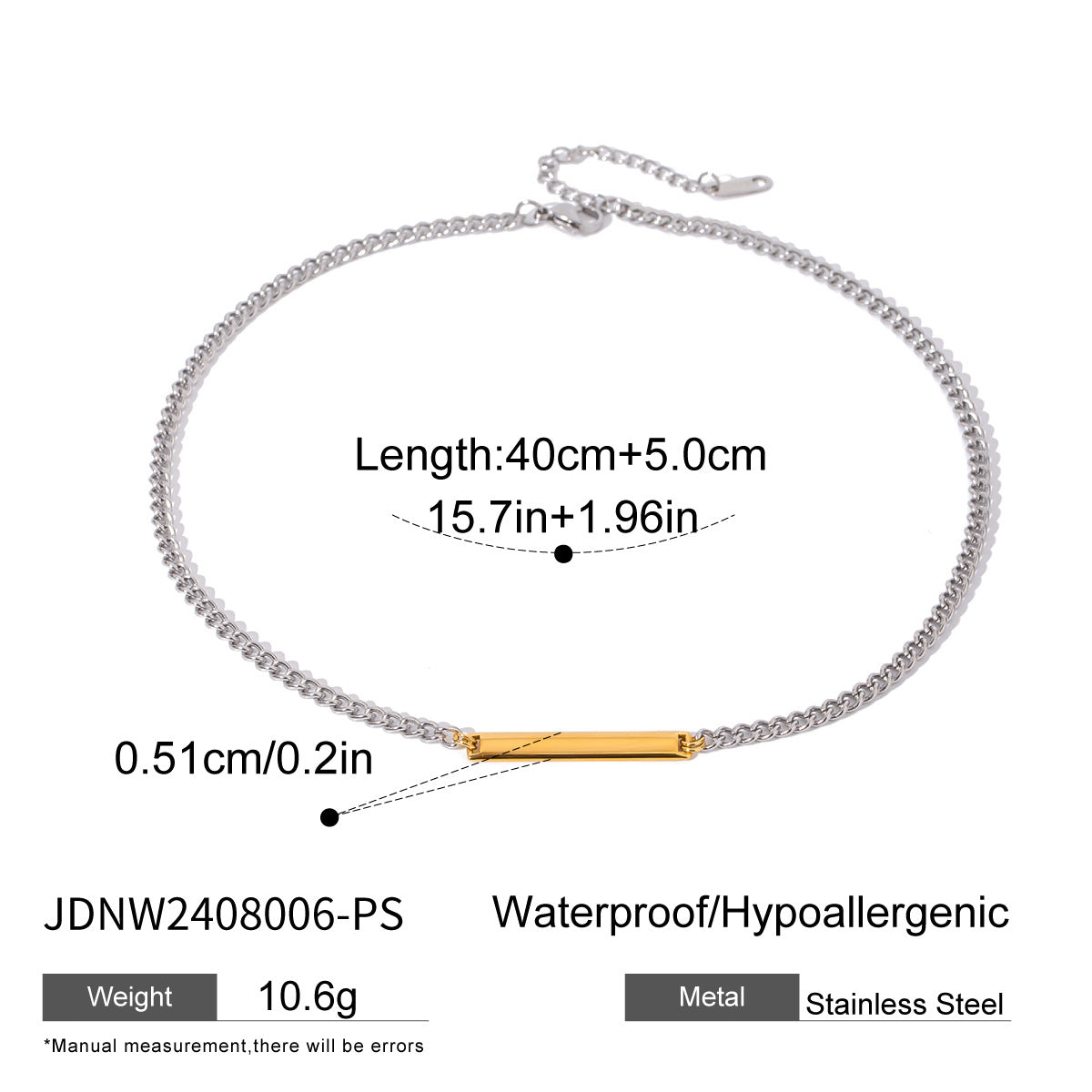 Wholesale stainless steel bar pendant necklace in gold and silver two tone chain waterproof jewelry