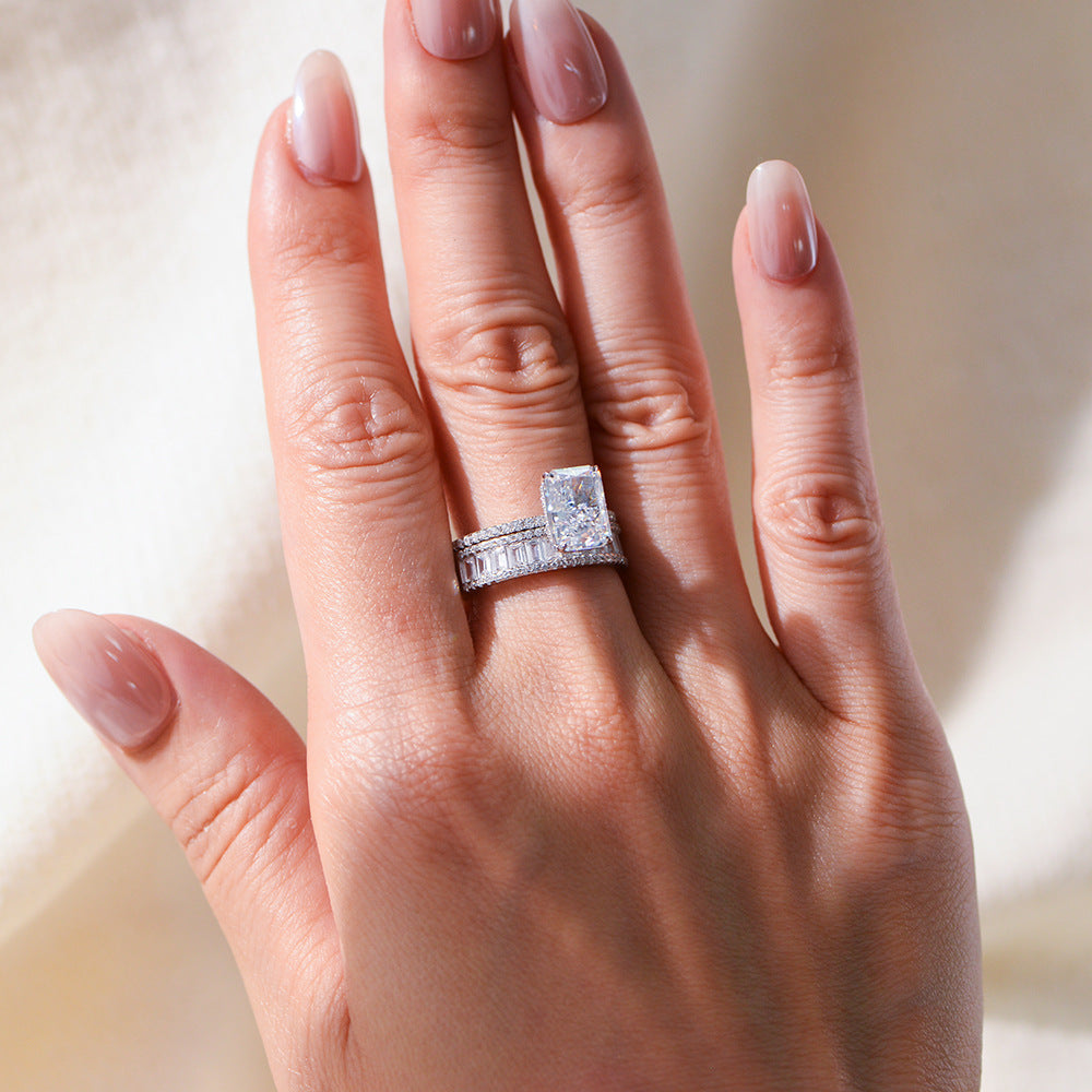 925 sterling silver radiant cut cubic zirconia engagement ring wholesale with baguette eternity wedding band