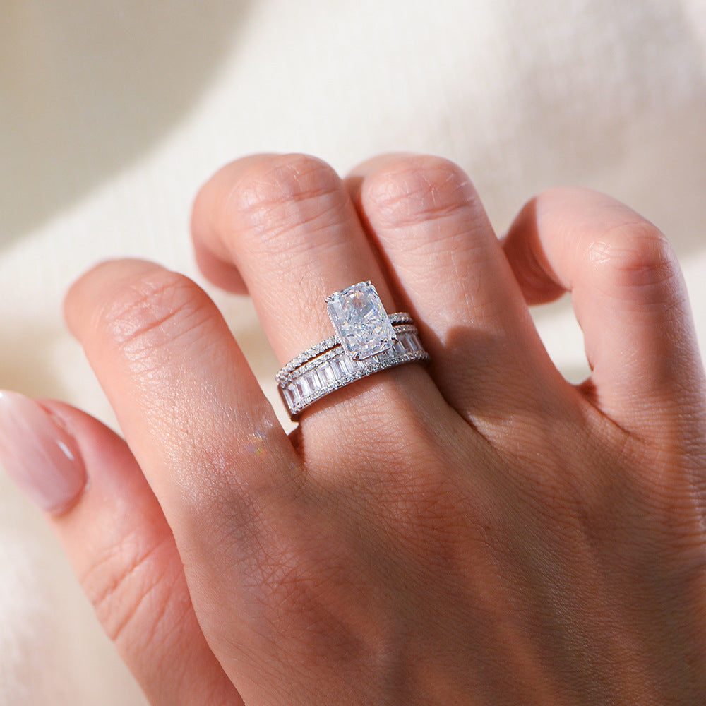 Bridal jewelry wholesale 925 silver radiant cut CZ engagement ring paired with baguette eternity ring