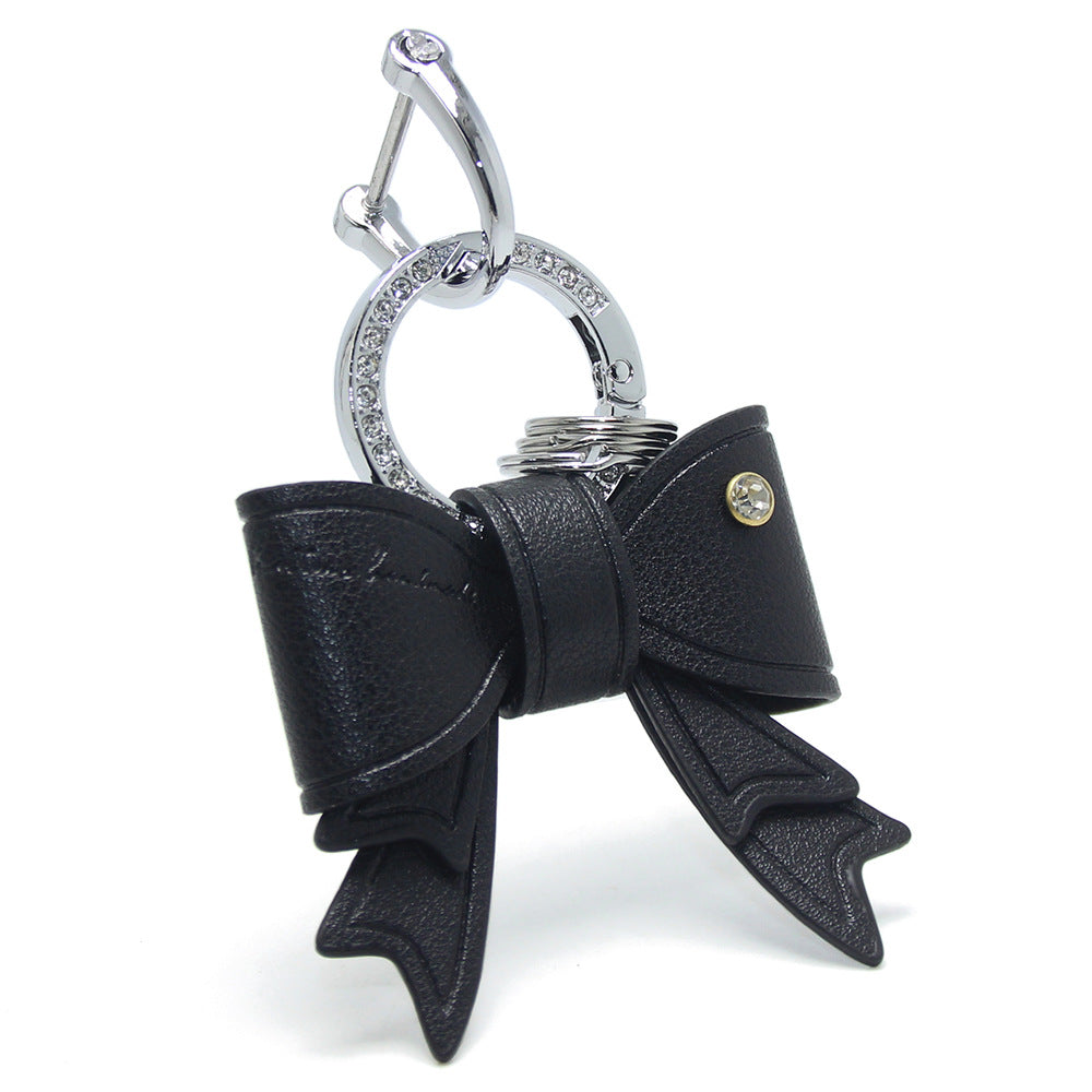 Wholesale black bow keychain, PU leather keychain with rhinestone, stylish bag charm for women