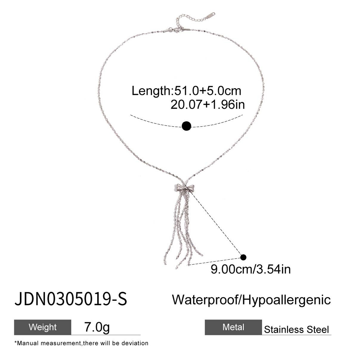 Stainless steel bow tassel necklace wholesale detail size chart, hypoallergenic non tarnish jewelry