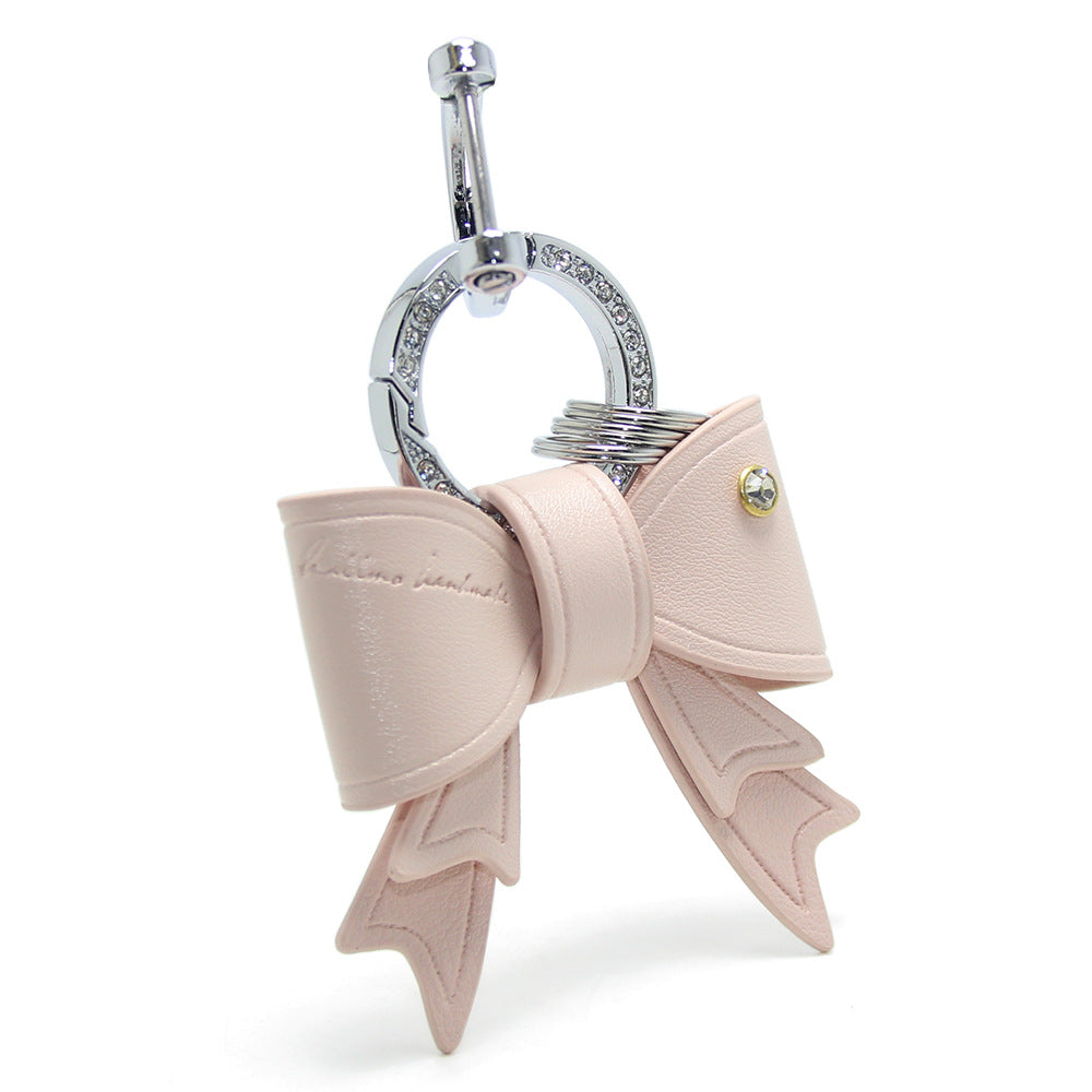 Wholesale pink bow keychain, PU leather keychain with rhinestone accent, cute bag charm