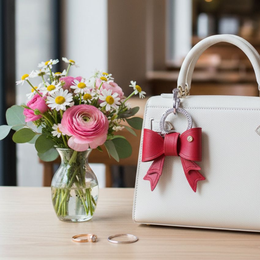 Red bow keychain leather bag charm with gold stud detail hanging on white handbag – elegant bow keyring accessory for women