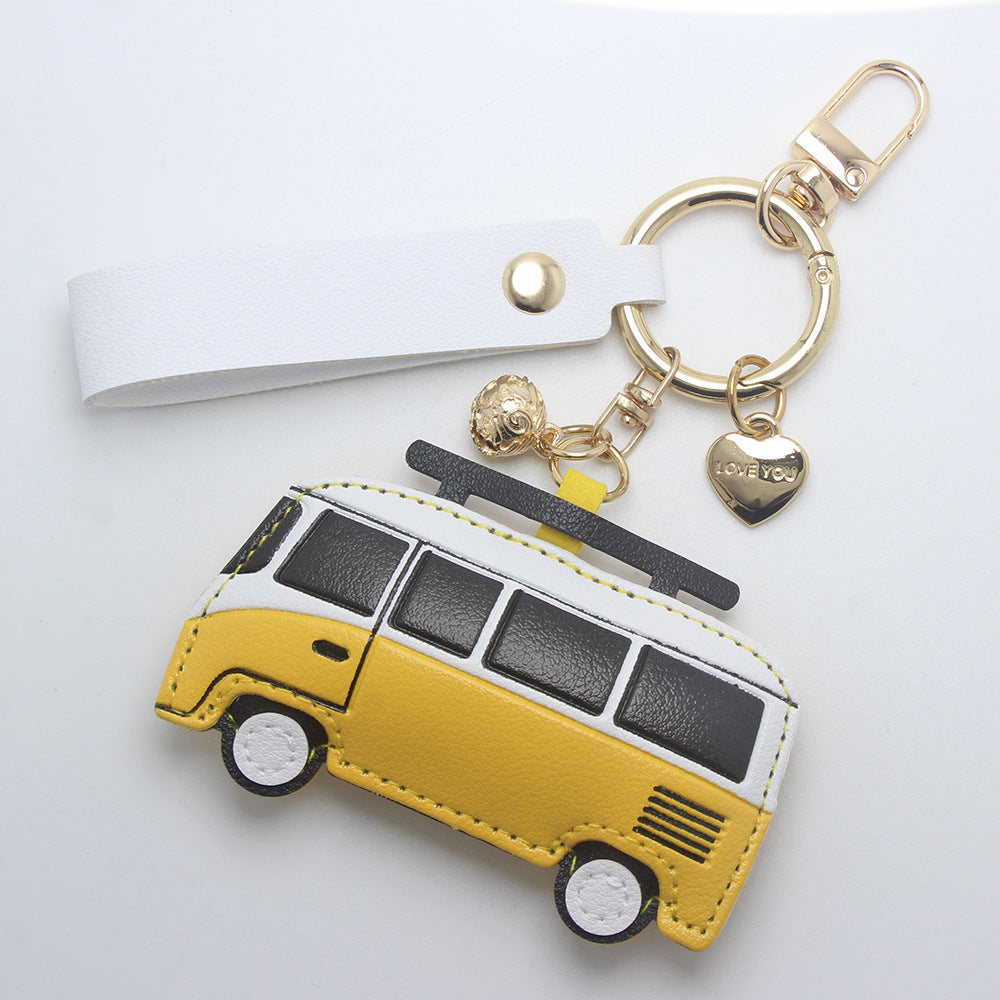 Yellow retro bus PU leather keychain bag charm purse accessory bulk wholesale