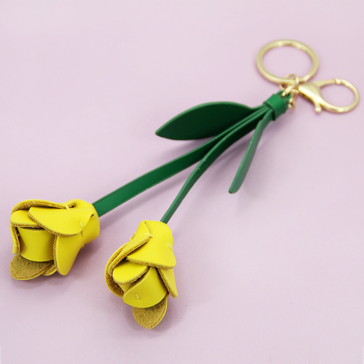 sunny yellow tulip flower keychain PU leather purse charm wholesale gift