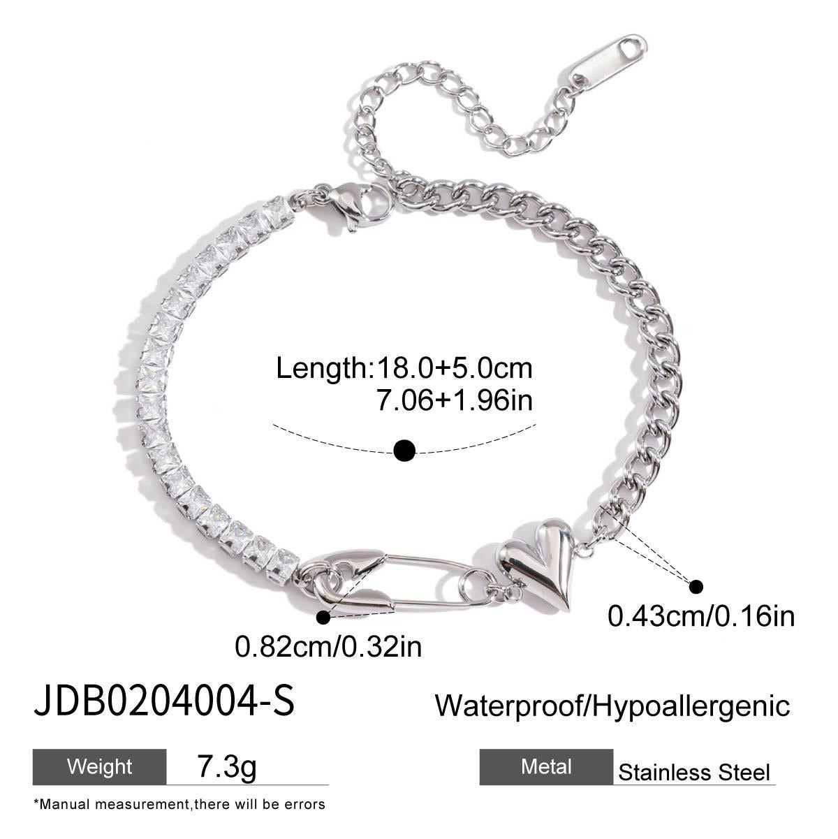 Detailed view of the Heart Charm Safety Pin Bracelet with size specifications, showcasing its stainless steel material and CZ stones. Ideal for wholesale orders or jewelry bundle set of 5 offers.