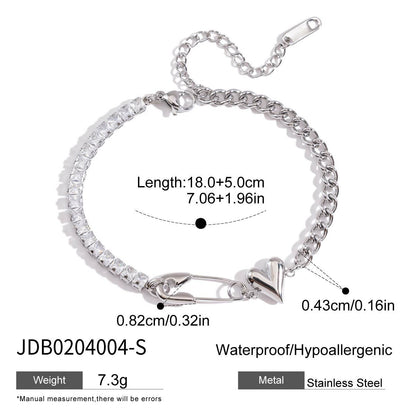 Detailed view of the Heart Charm Safety Pin Bracelet with size specifications, showcasing its stainless steel material and CZ stones. Ideal for wholesale orders or jewelry bundle set of 5 offers.