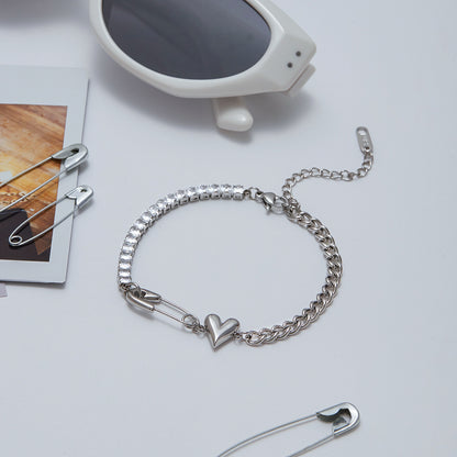 Heart Charm Safety Pin Tennis Bracelet featuring cubic zirconia and stainless steel chain, a trendy jewelry bundle set of 5 perfect as a Gift for Girlfriend Bracelet or Bridesmaid Jewelry Set.
