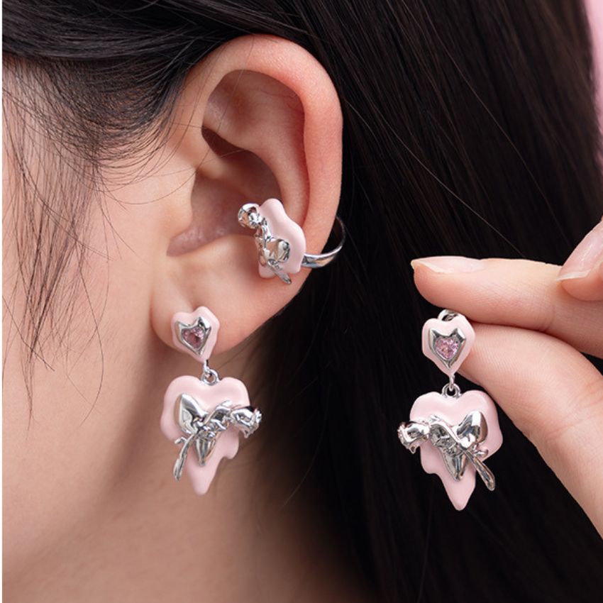Wholesale 5 Pairs Brass Pink Melting Heart Rose Earrings Enamel Jewelry