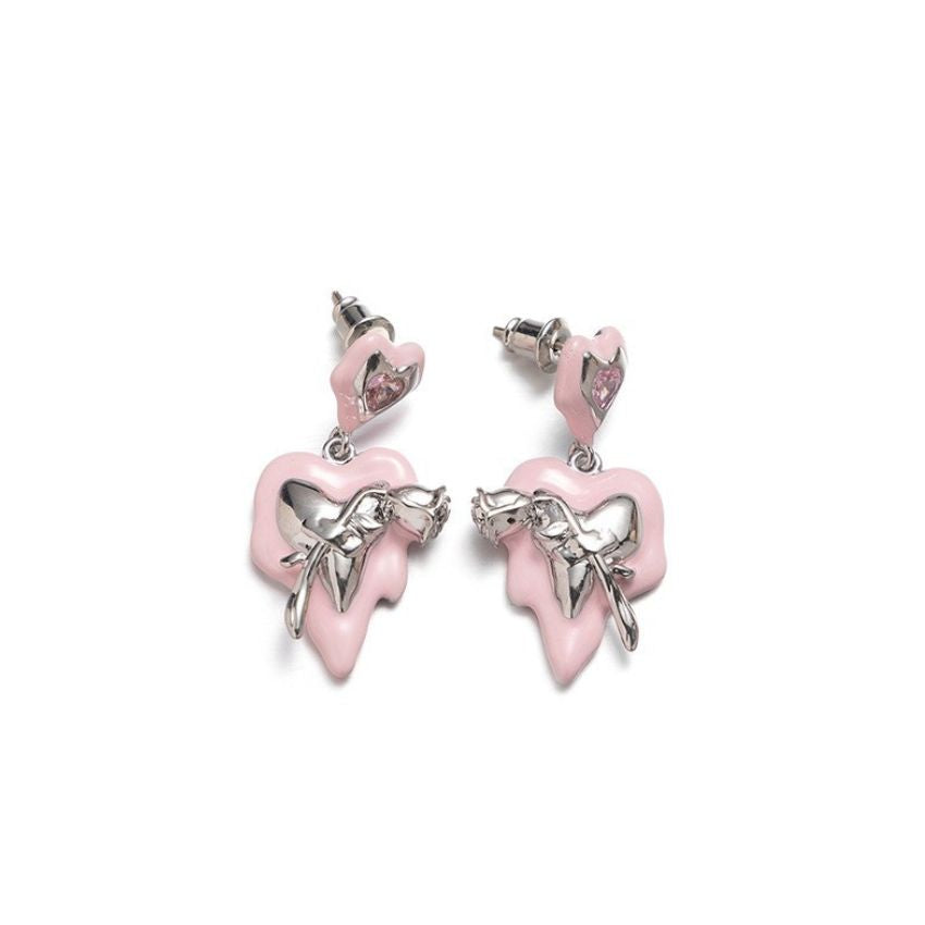 Wholesale 5 Pairs Brass Pink Melting Heart Rose Earrings Enamel Jewelry