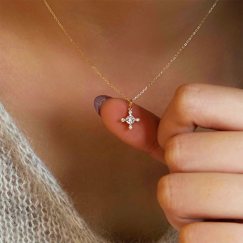 18K gold plated mini zircon cross pendant necklace worn on neckline