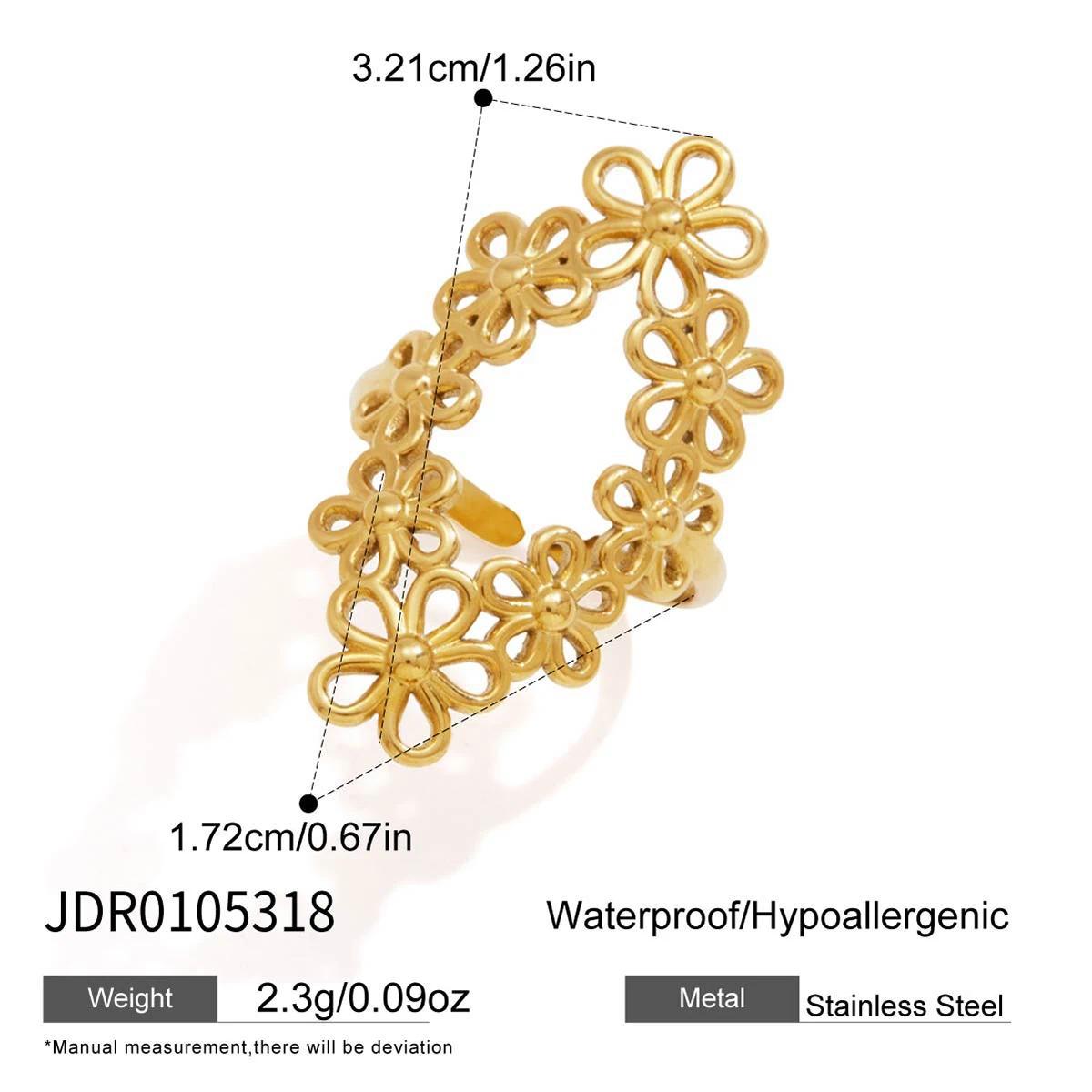Openwork stainless steel floral ring with 3.21 cm length and 1.72 cm width