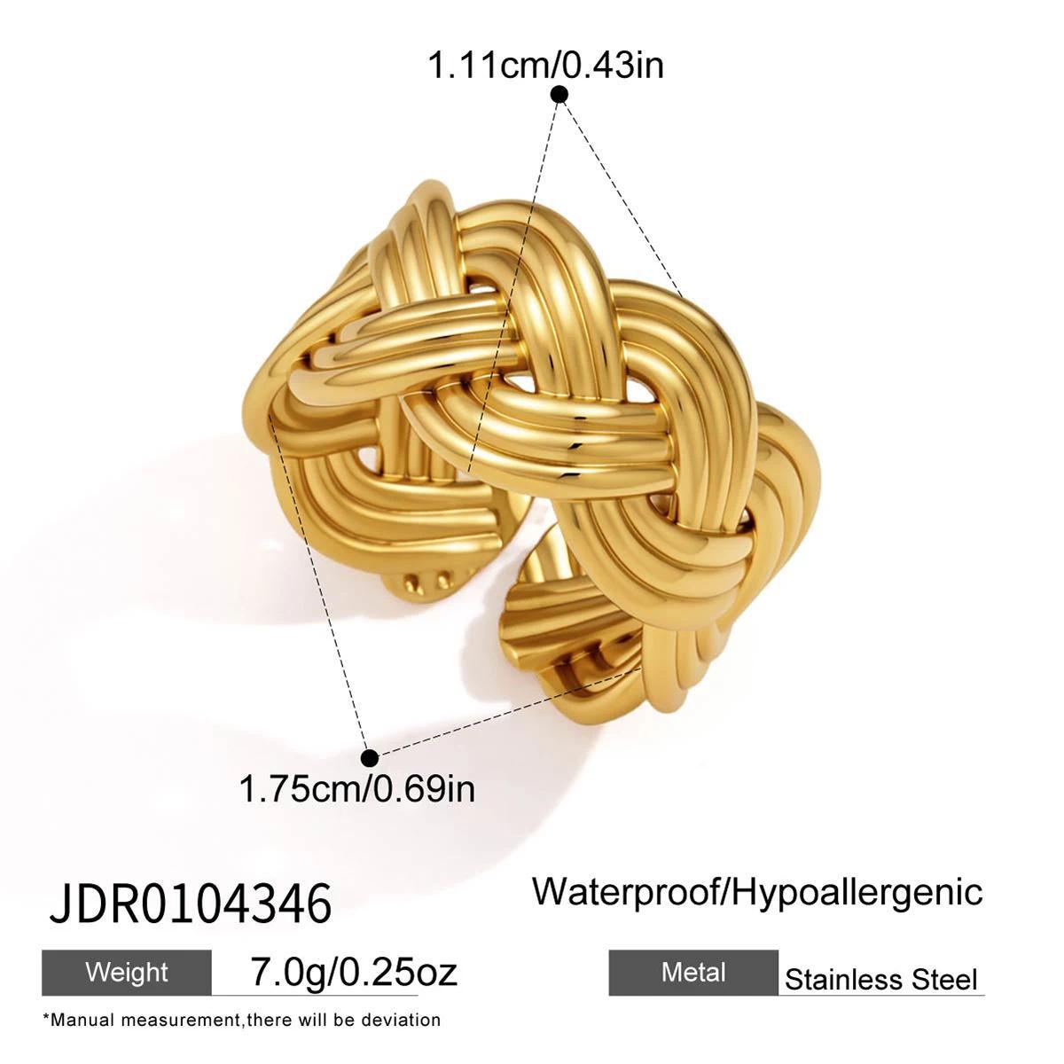 18K gold plated stainless steel knot weave ring with braided texture and size details
