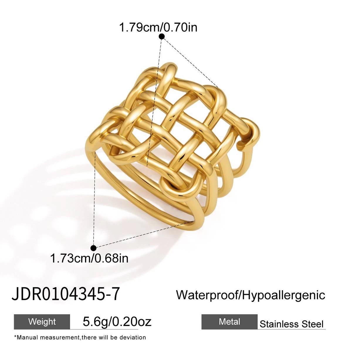 18K gold plated stainless steel open weave statement ring with size details