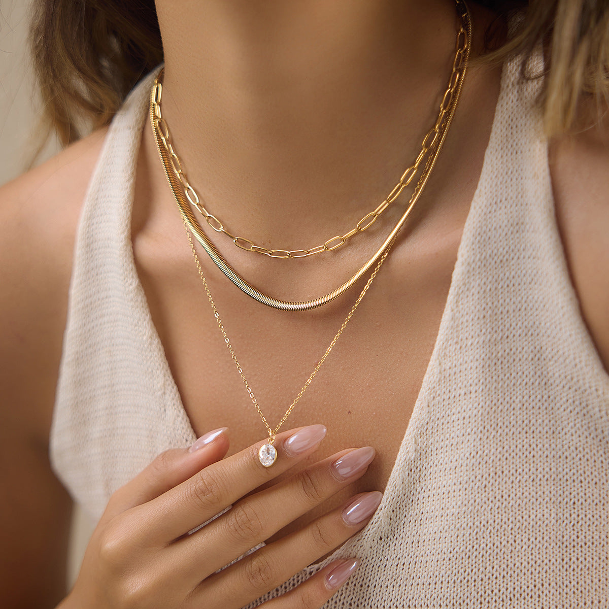 Paperclip and snake chain layered necklace with clear oval crystal pendant