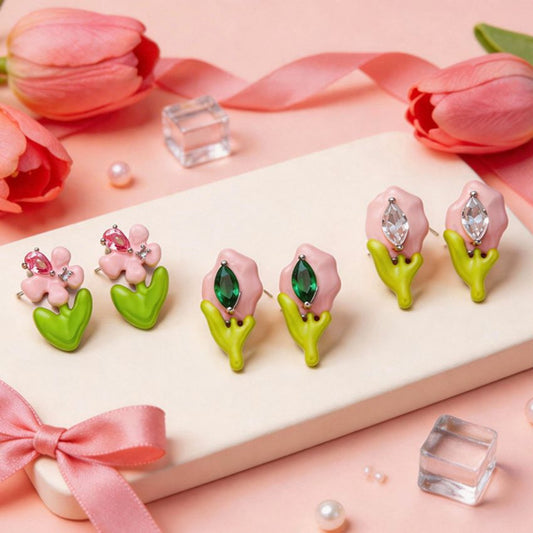 Wholesale 5 Pairs Set Brass Tulip Floral Enamel Earrings with Crystal Accents Spring Collection Resale Ready